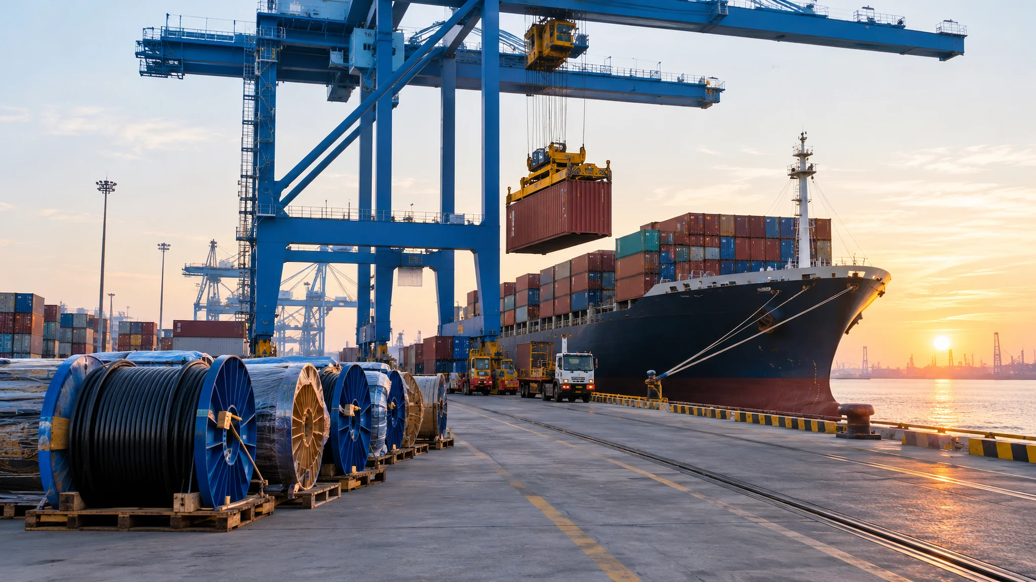 Containers being loaded at a port with cable reels waiting on the quay