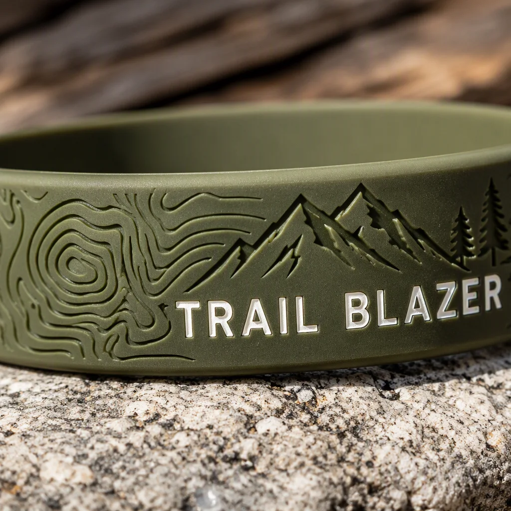 Macro close-up of outdoor silicone wristband with topographic contour debossed infill
