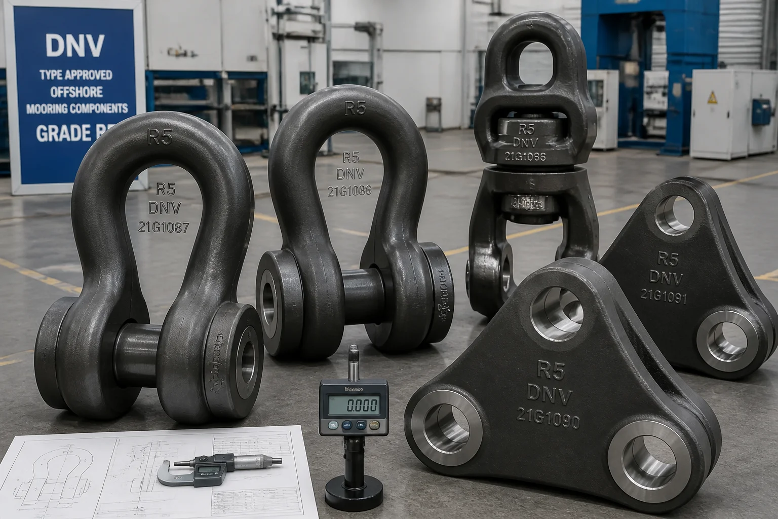 Array of massive Grade R5 cast alloy steel offshore mooring shackles and tri-plates