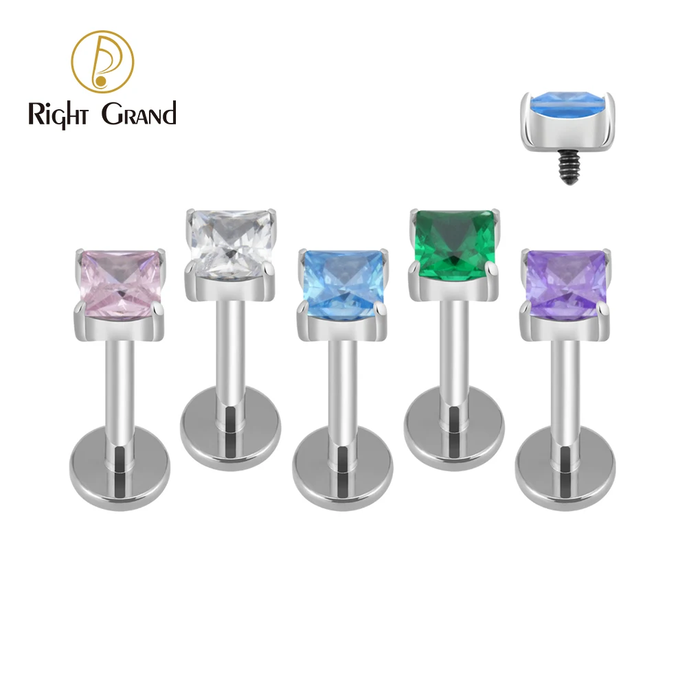 

Titanium Claw Set Square CZ Internally Threaded Flat Back Labret Lip Tragus Helix Cartilage Body Jewelry