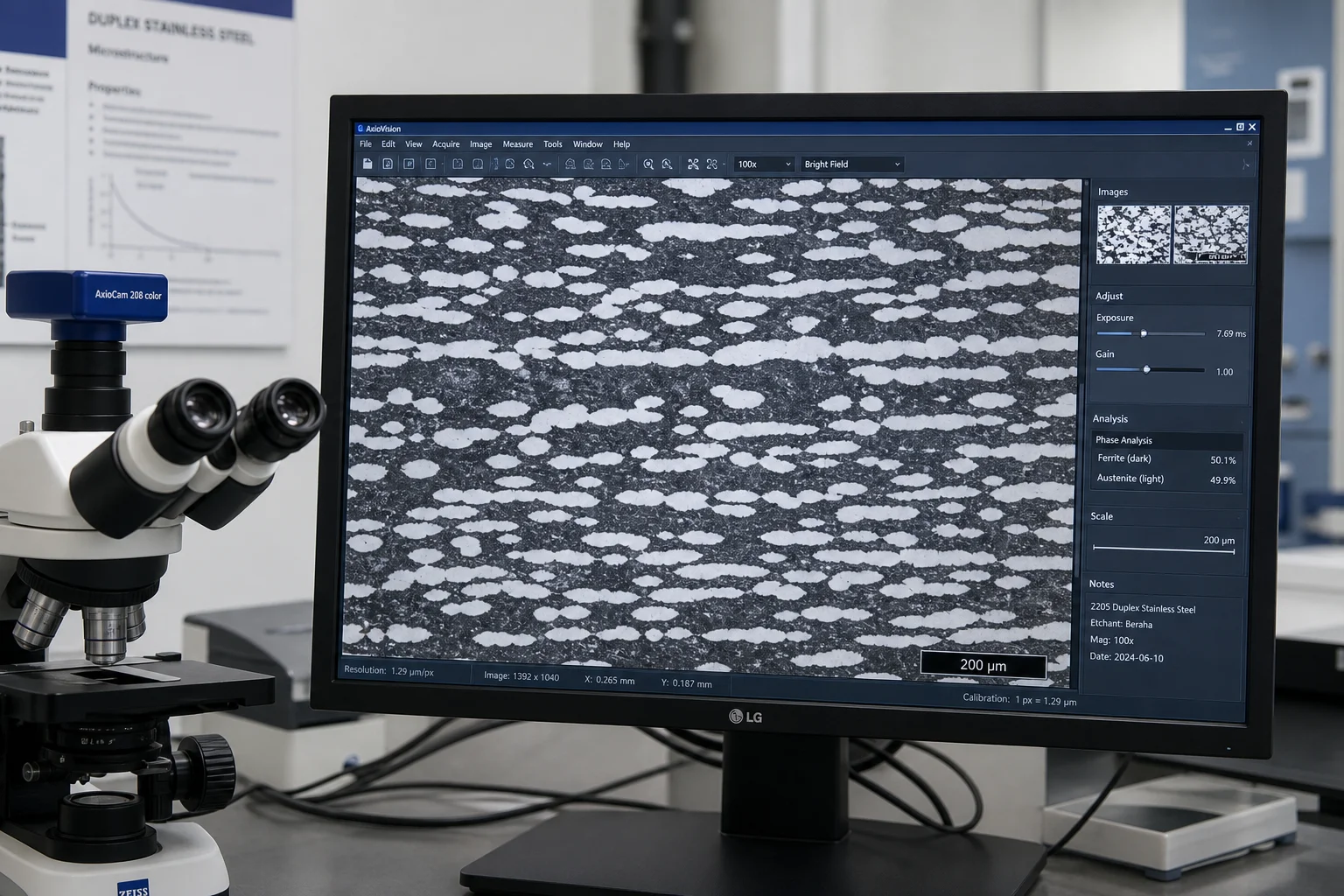 Metallographic microstructure of 2205 duplex stainless steel on microscope monitor