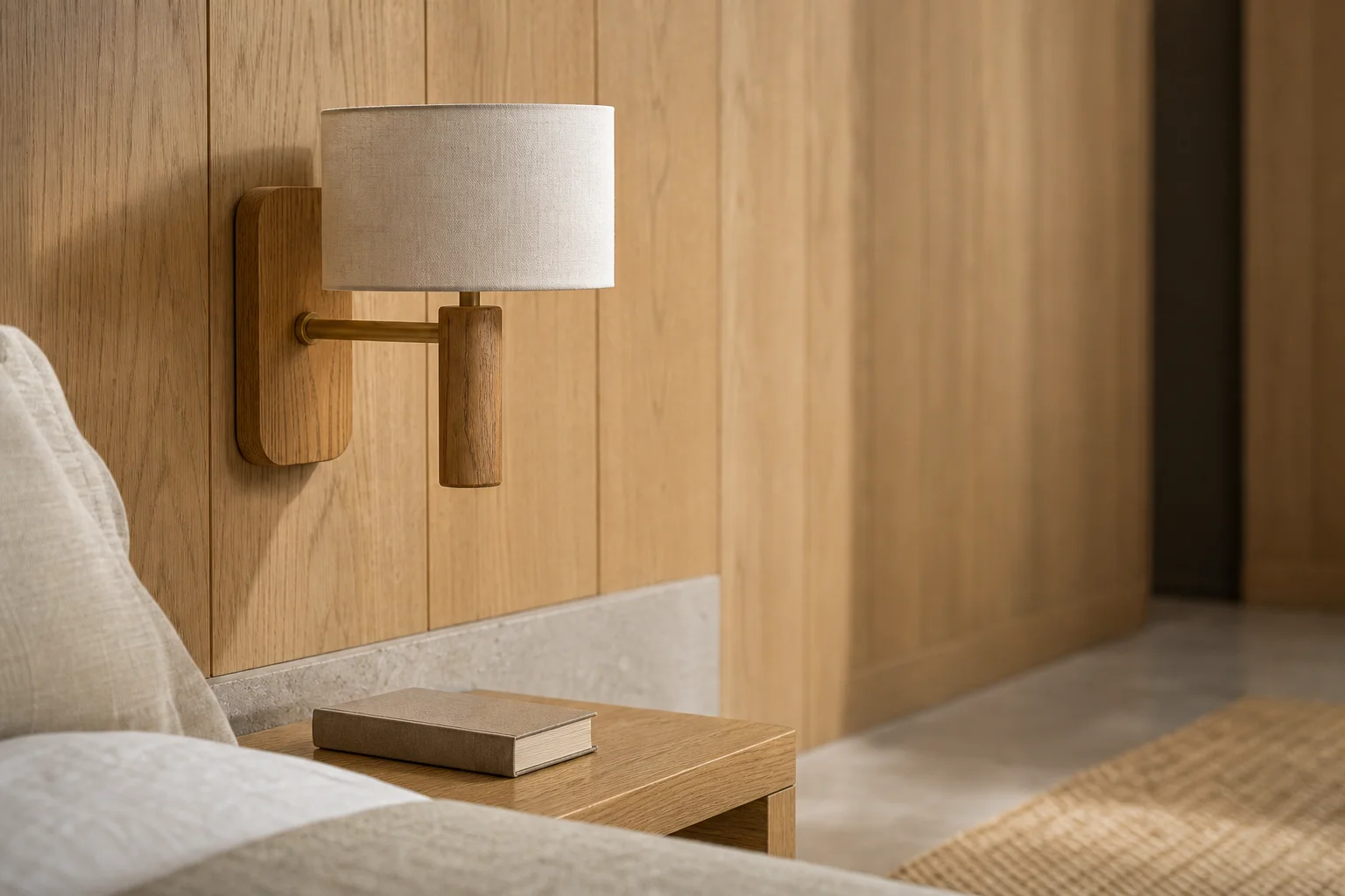 Timber-backed wall sconce with a linen shade on an oak-panelled hotel room wall