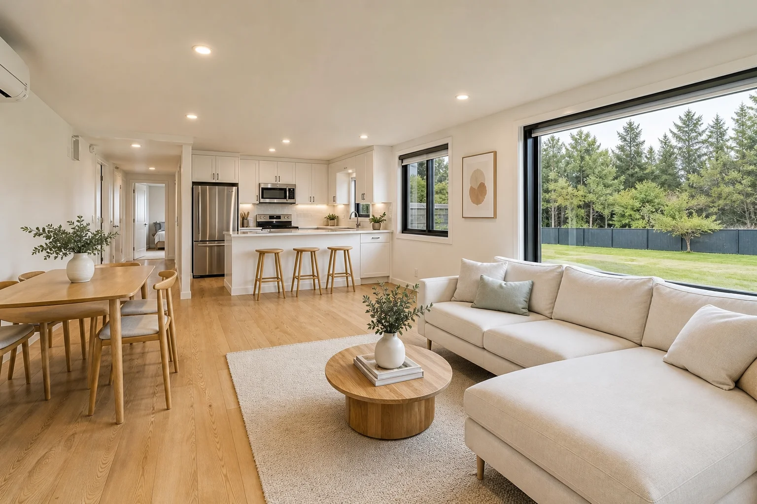 Modern Open Concept Interior Living Room and Kitchen in Expandable Container Home