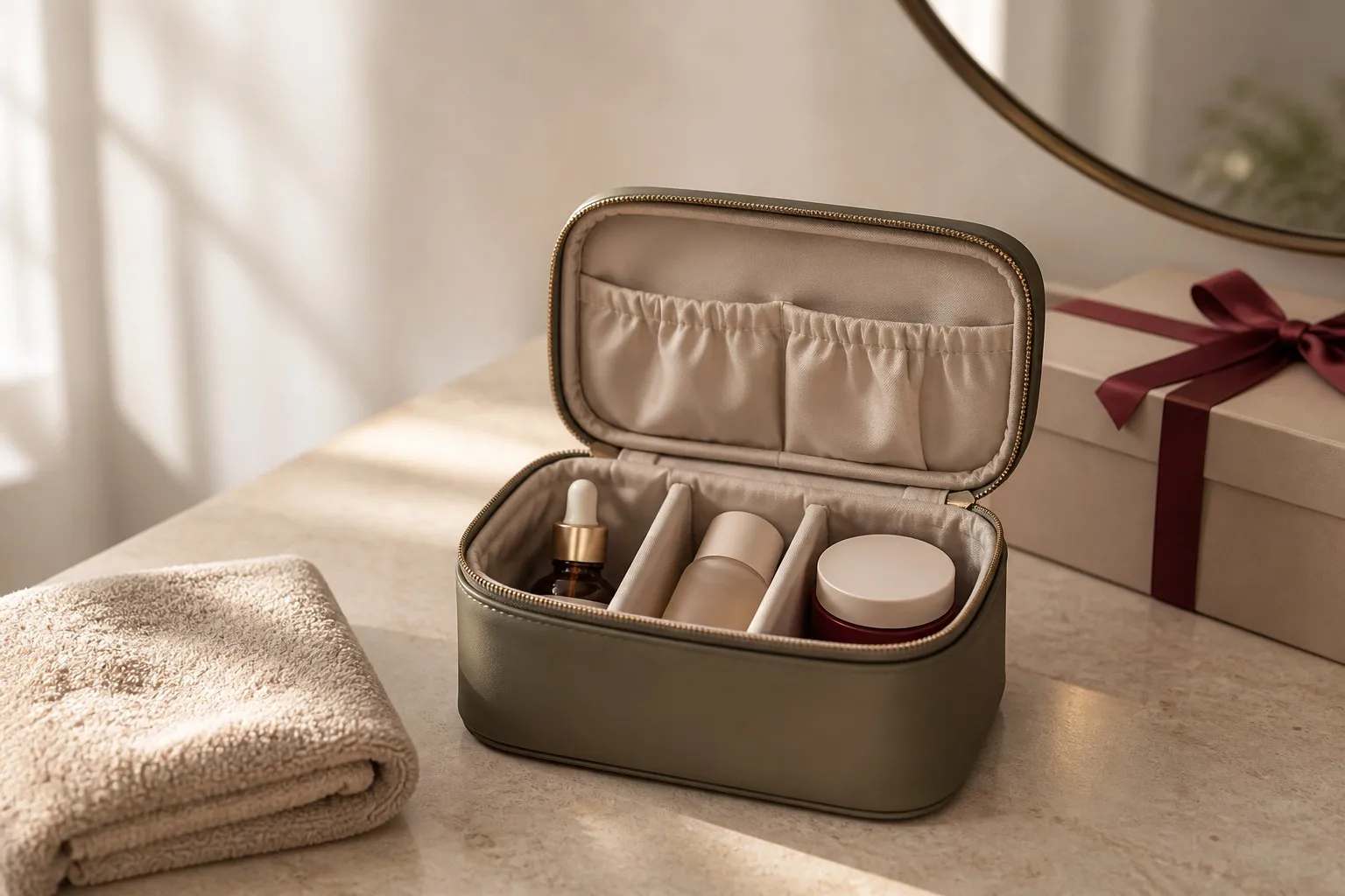 Unbranded multi-compartment cosmetic organizer presented with generic beauty products on a bathroom vanity