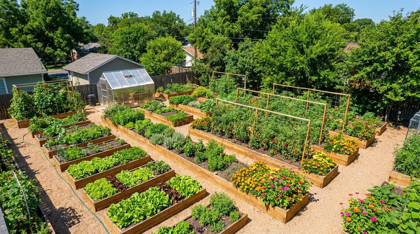 Organized raised bed vegetable and flower garden from above