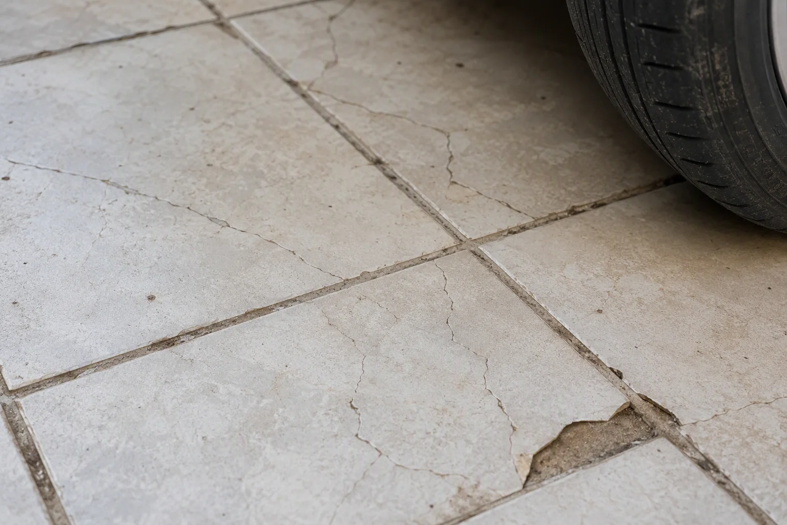Cracked ceramic tile flooring in a garage showing why rigid tiles fail under impact