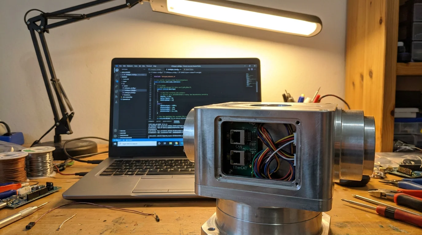 Close-up of silver robot joint module with digital torque gauge displaying force readings on a test bench