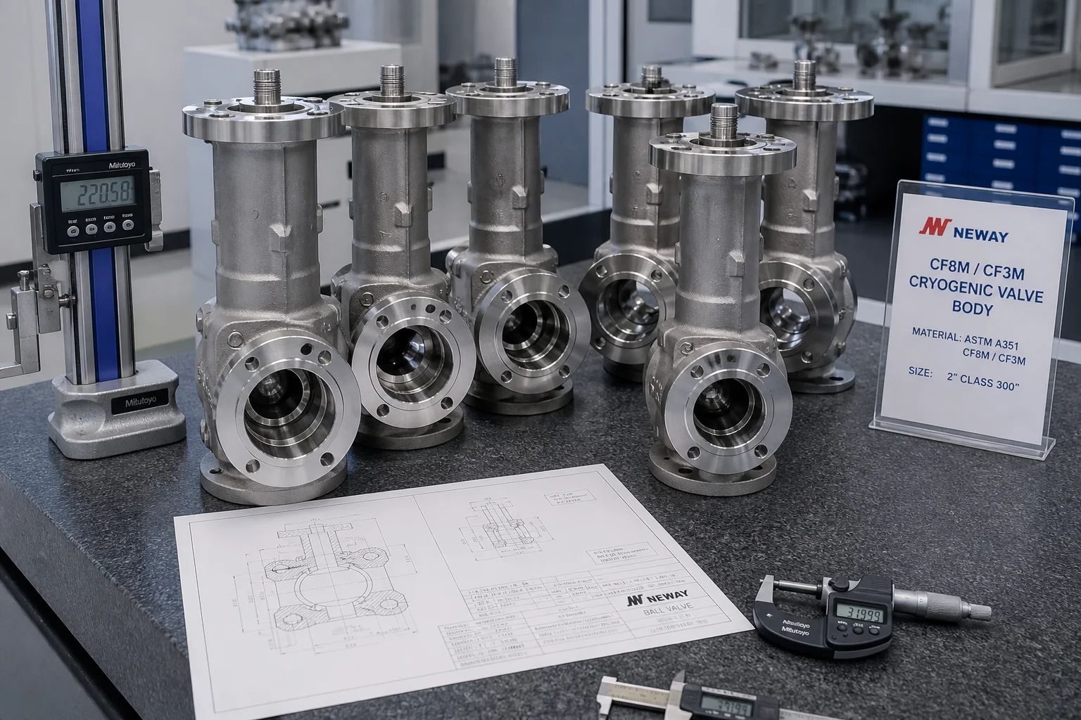 Precision-cast stainless steel cryogenic valve bodies with extended bonnets on inspection bench