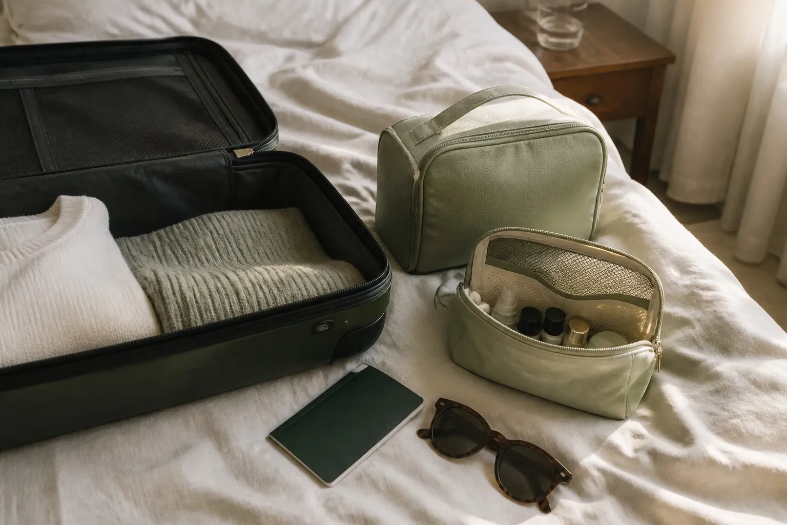 Travel makeup bag set with sage green toiletry bags laid on a bed beside an open suitcase