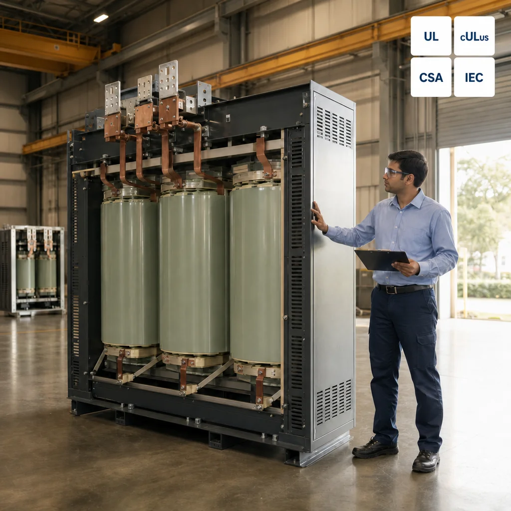 Engineer checking the nameplate of a cast resin dry type transformer in a factory test bay, with UL, cULus, CSA and IEC certification badges