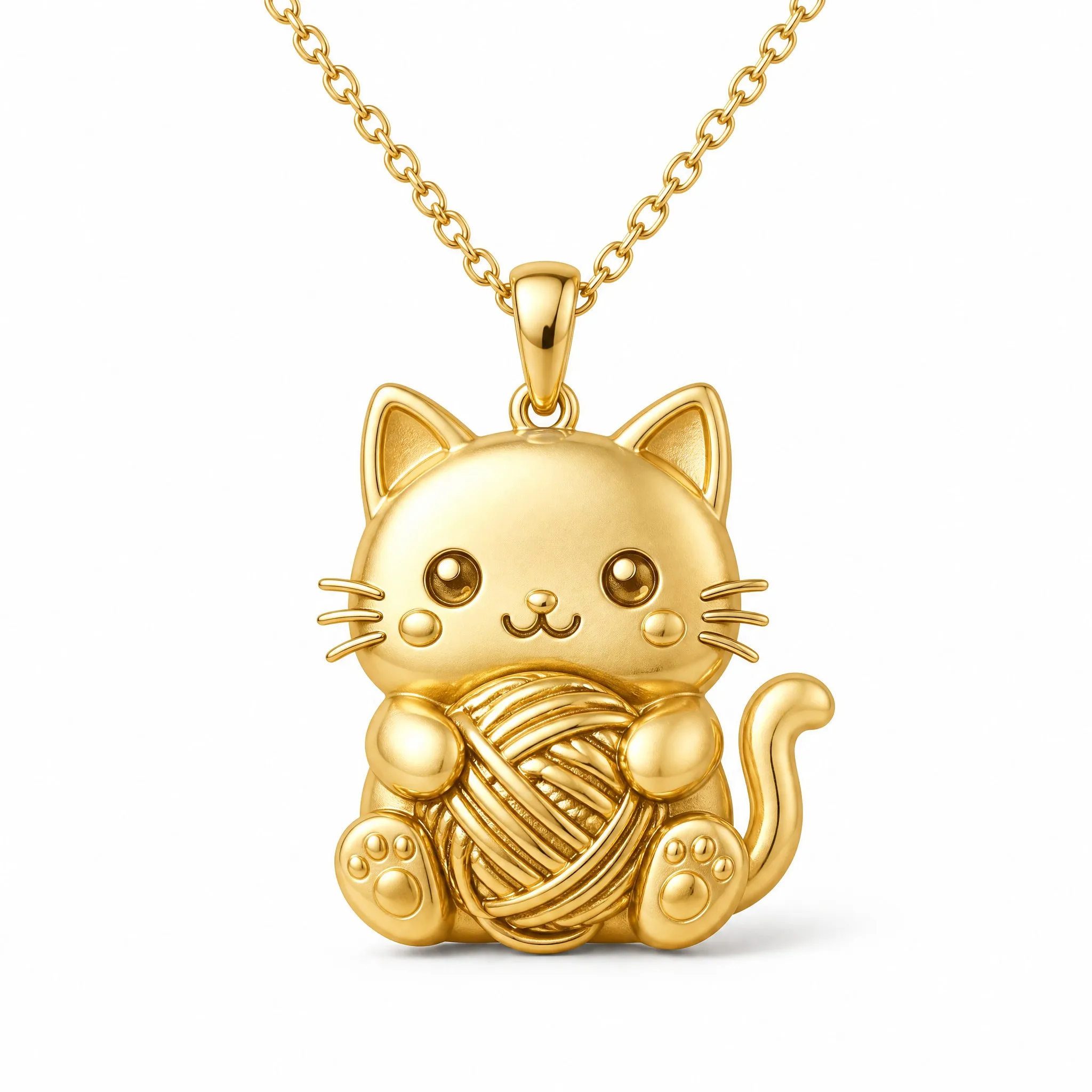 Custom die stamped cat pendant necklace white cat with red yarn ball on white background