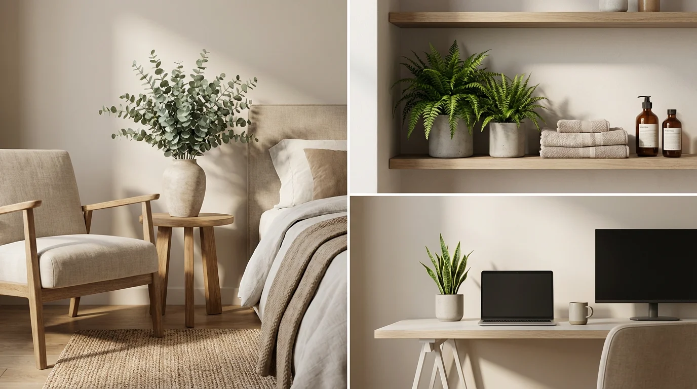 Artificial eucalyptus and trailing pothos styled in a serene bedroom with neutral tones