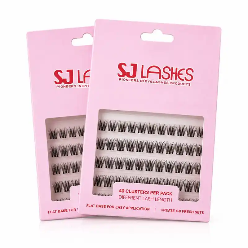Pink lash cluster hang tab box with die cut slot at the top and a window showing four rows of clusters, printed with 40 clusters per pack and 4 to 8 fresh sets - hang tab lash box