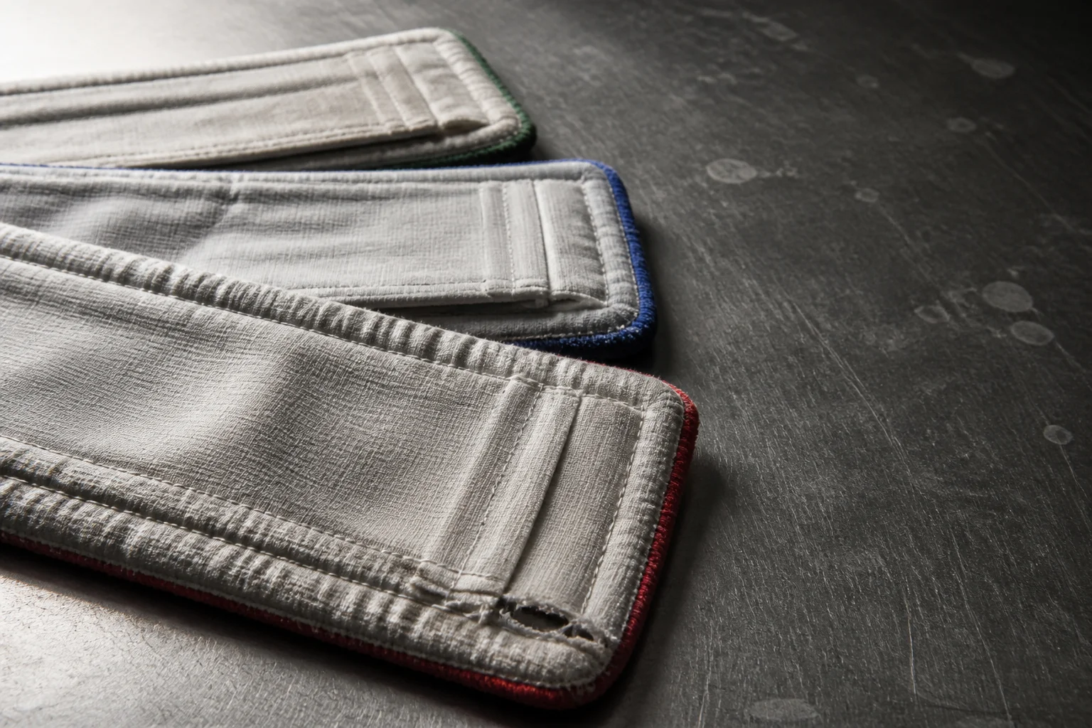 Three flat mop pads lying face-down, showing stitched pockets on the reverse, the nearest with a split seam at the closed end