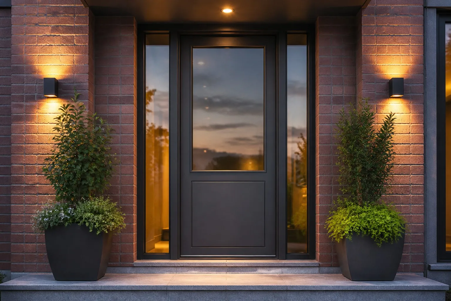 Modern townhouse entrance with aluminum glass casement door under warm porch lighting at dusk