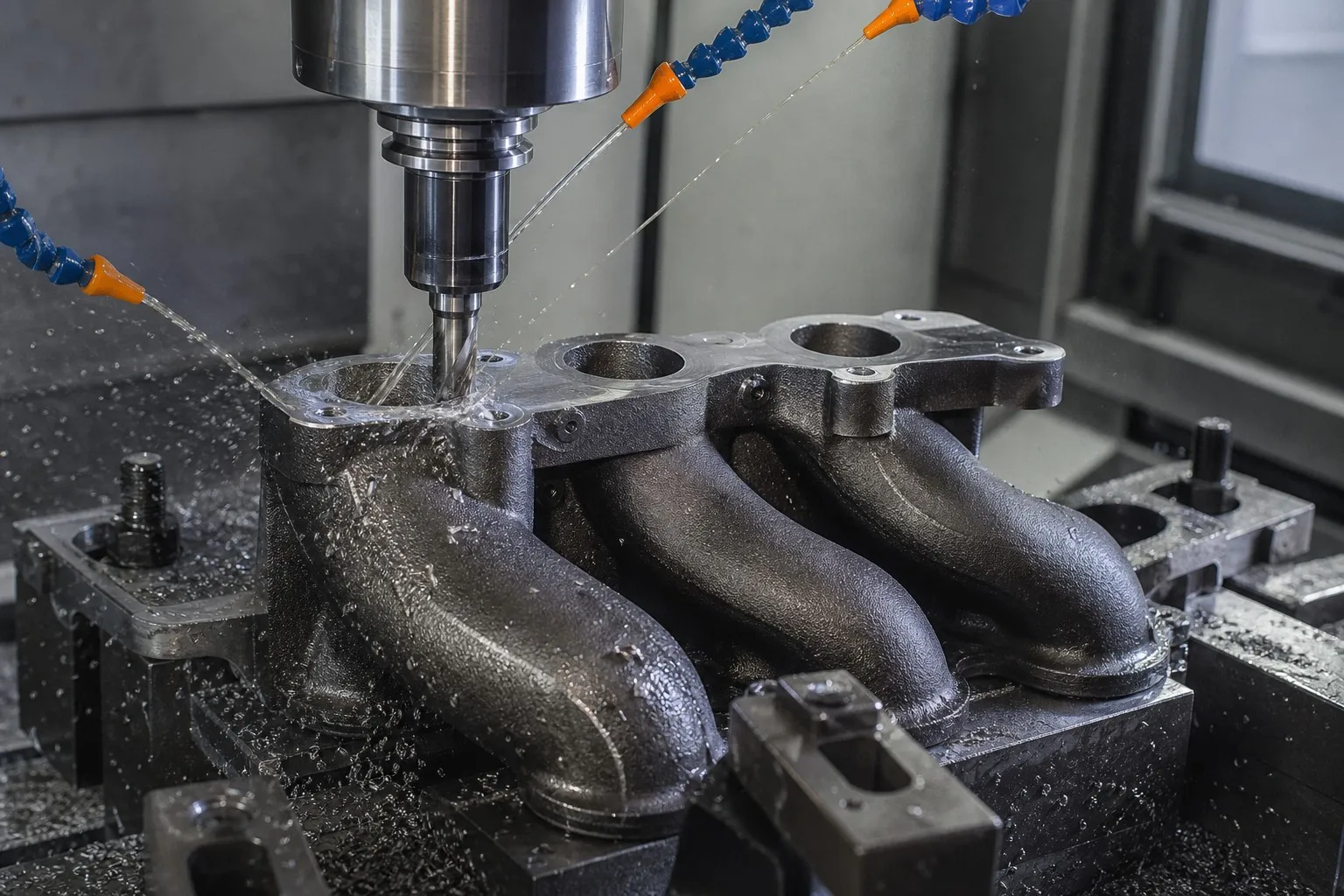 Exhaust manifold casting being CNC machined - flange face milling operation