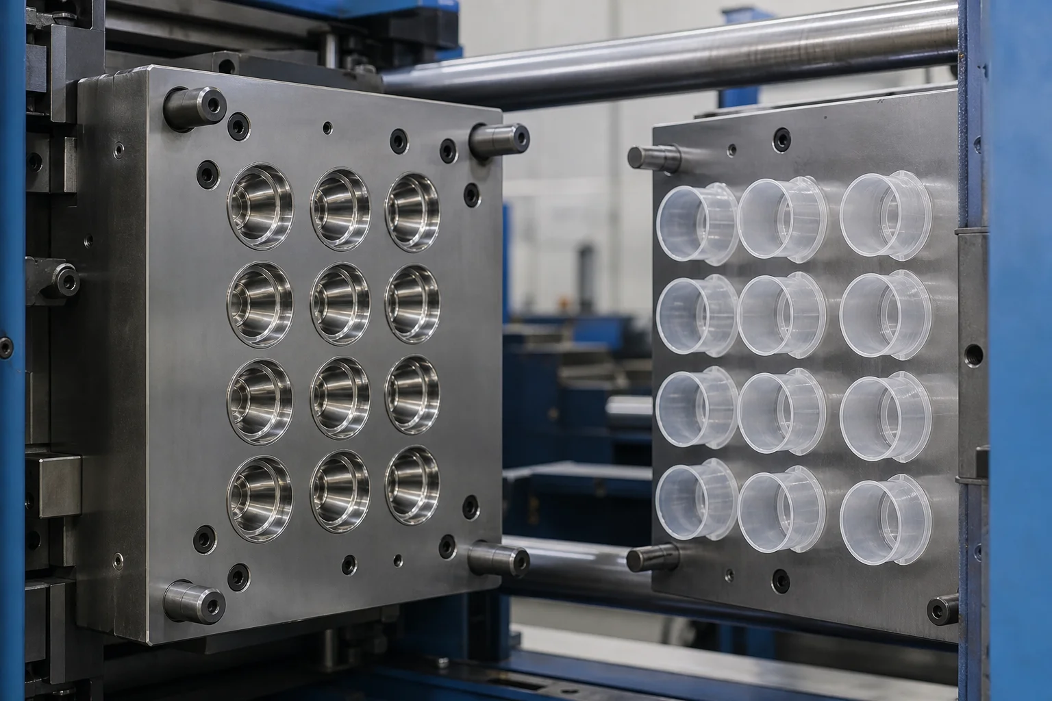 Opened two-plate injection mold with polished cup cavities and freshly molded transparent plastic cups