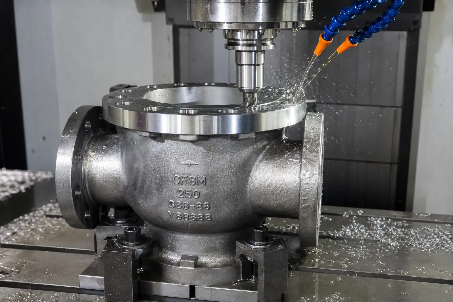 Stainless steel valve body casting being machined on vertical machining center