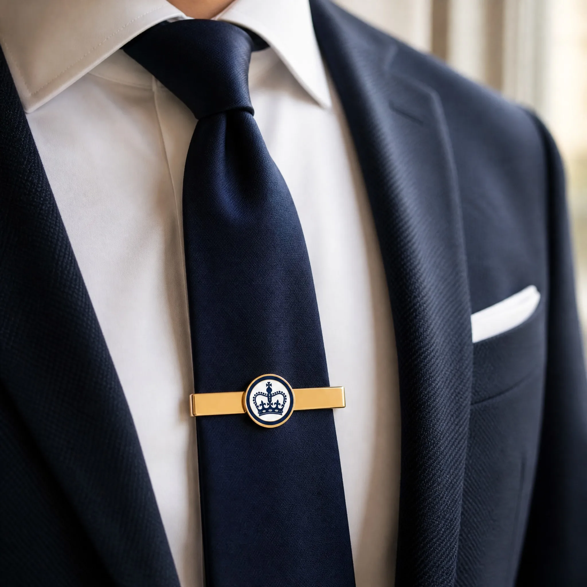 Hard enamel tie clip worn on navy silk tie