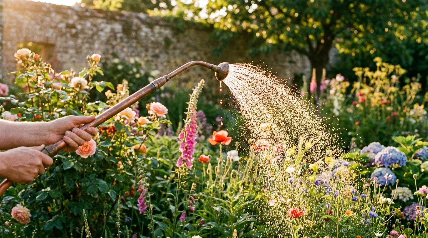 Garden watering at golden hour with copper spray wand