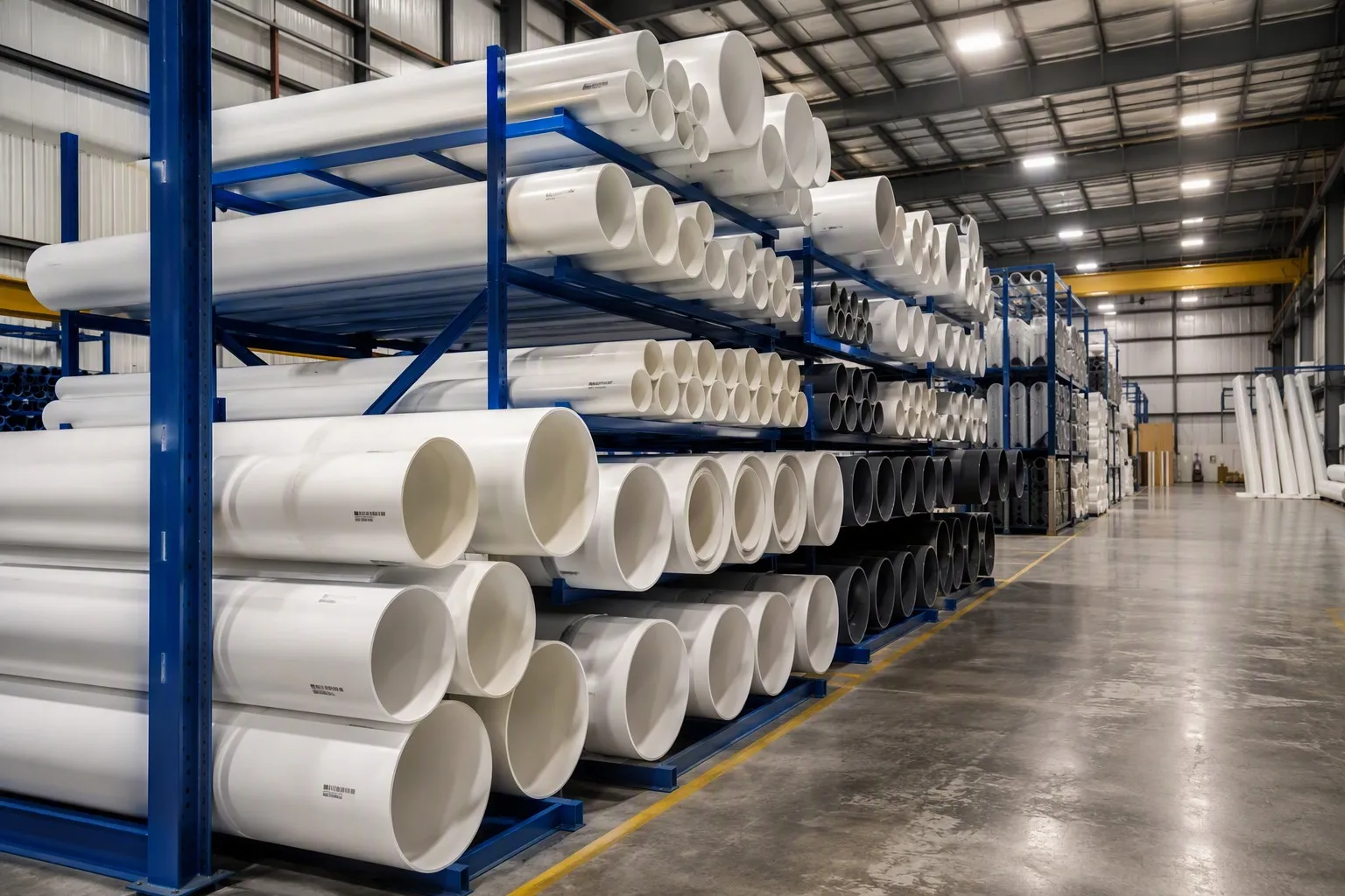 Rigid PVC pipes stacked in industrial warehouse