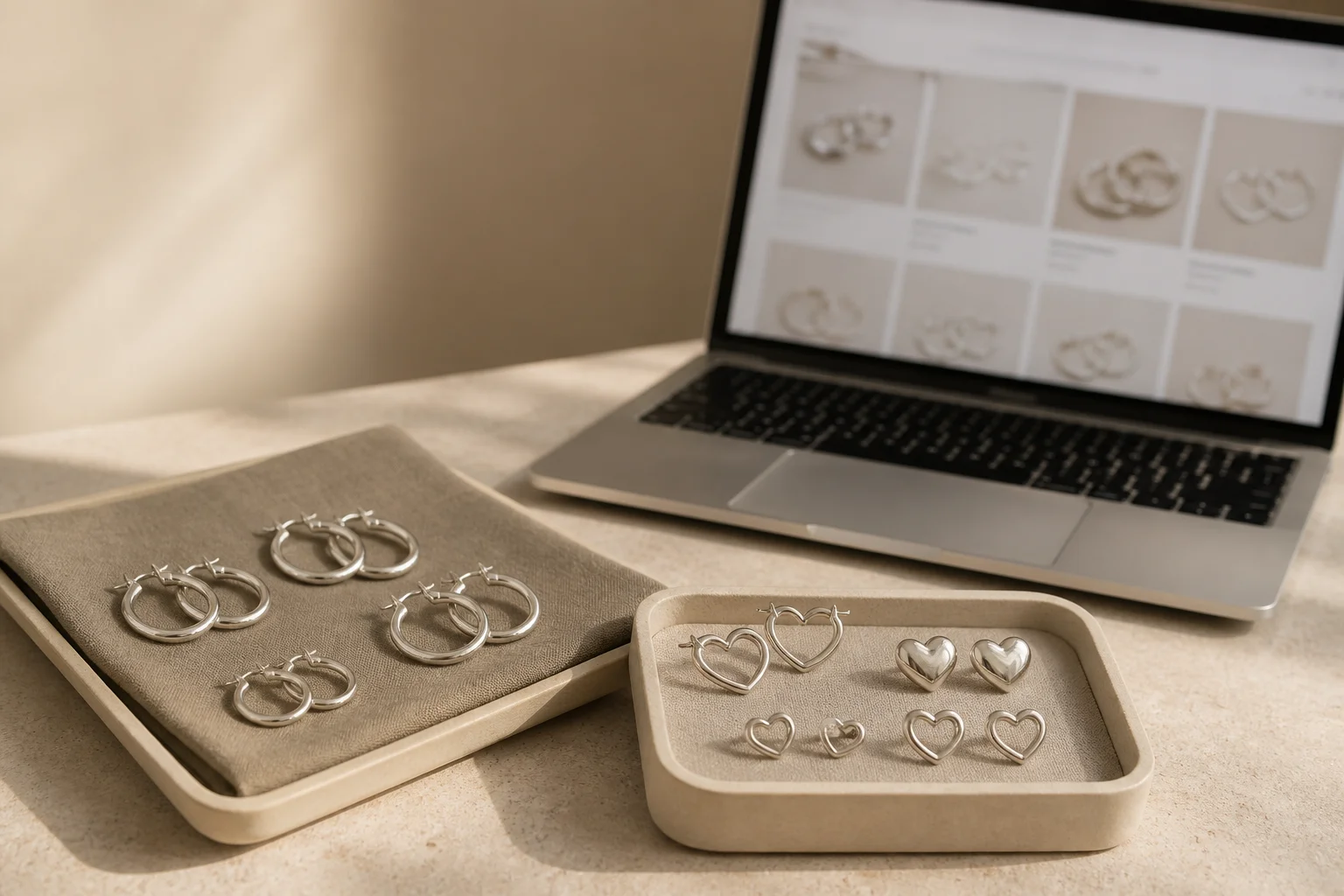 Online jewelry seller's seasonal product selection workspace with silver earrings and a softly blurred storefront screen