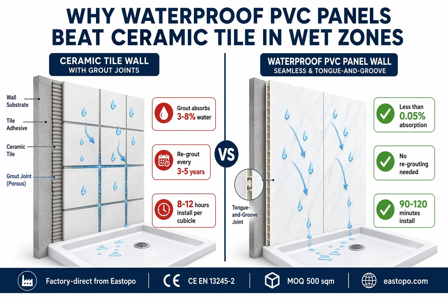 PVC waterproof panels vs ceramic tile with grout - side by side wet zone comparison showing PVC seamless surface repelling water and grout absorbing water