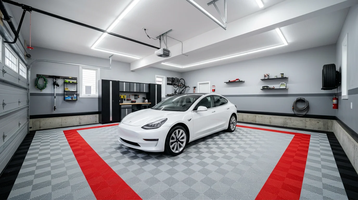 Garage floor tiles in light grey with a bold red border framing the parking area