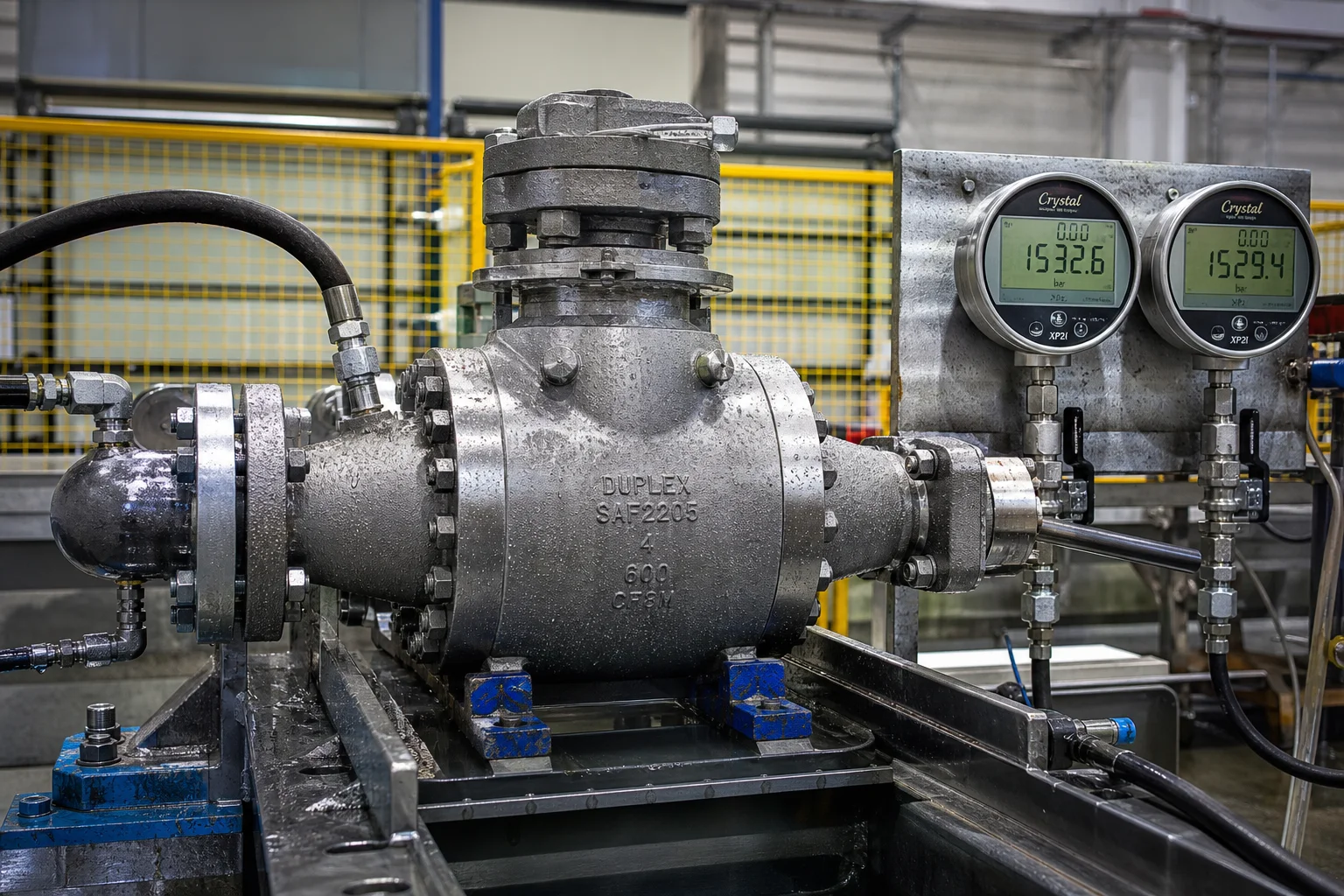 Hydrostatic pressure test of duplex stainless steel pipeline valve body and pump casing