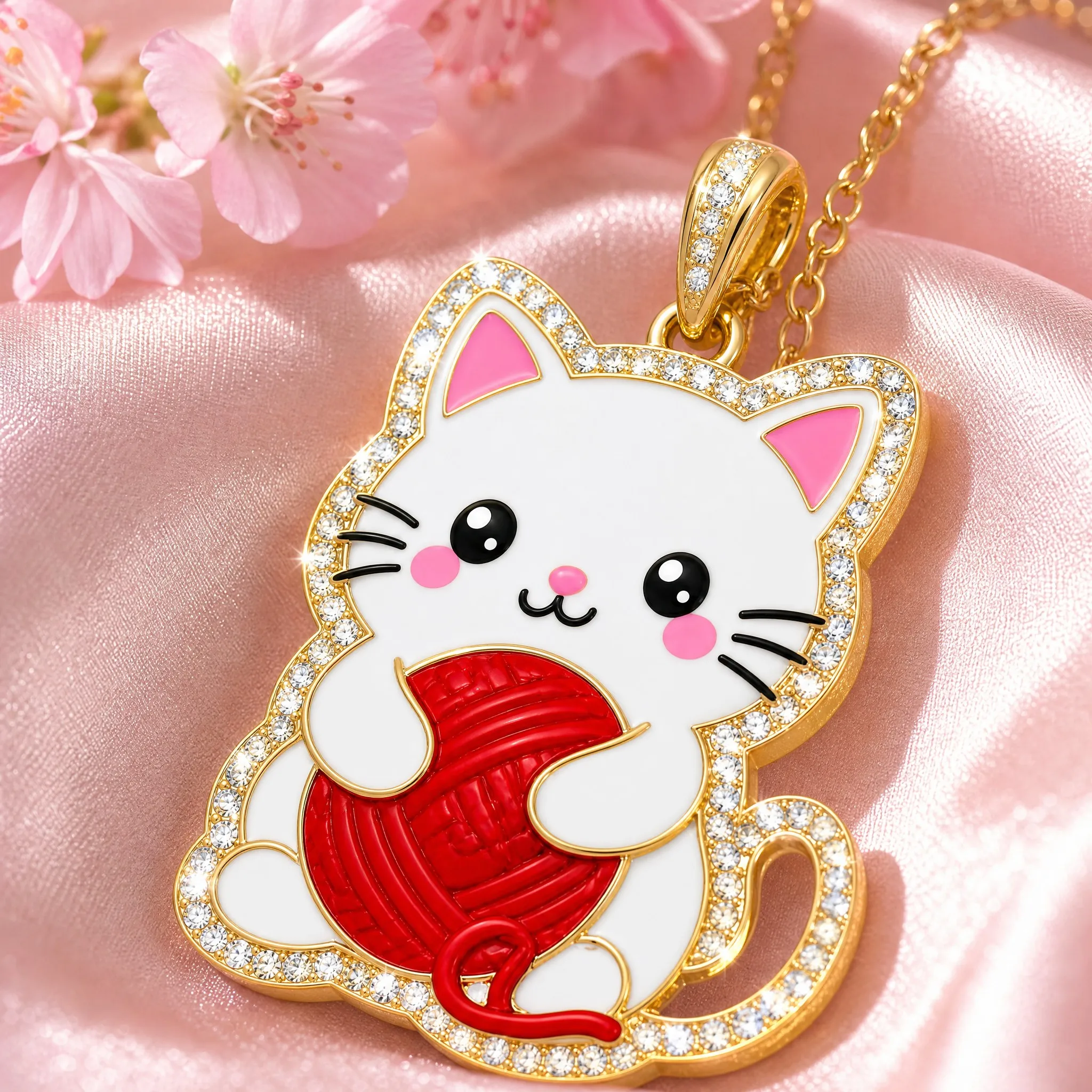 Close-up of crystal cat pendant detail, rhinestone border and gold outline on pink satin