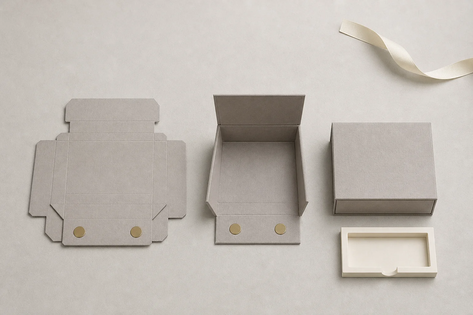 Overhead flat-lay on a pale warm-grey surface showing one collapsible rigid jewelry box at three stages in a horizontal row: at left a flat unfolded greige paper-wrapped blank with visible crease score lines and two brushed-brass magnet discs along its front edge, in the centre the same blank half-erected with its walls standing up at an angle, and at right the same box fully erected and closed, with a cream die-cut board insert tray in the lower right and a short length of ivory grosgrain ribbon in the upper right