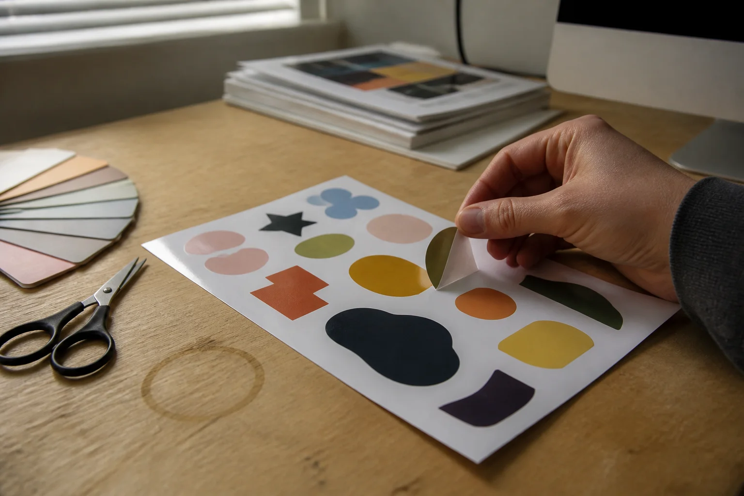 Printed custom sticker sheet on a design desk with one sticker being peeled off
