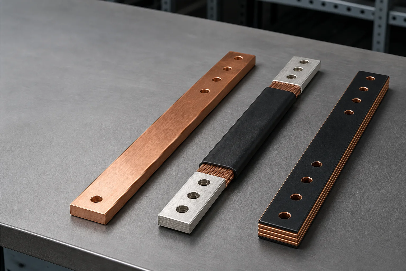 Tres tipos de barra colectora para vehículo eléctrico: barra rígida de cobre desnuda, barra flexible de láminas con funda negra y extremos estañados, y barra laminada en sándwich