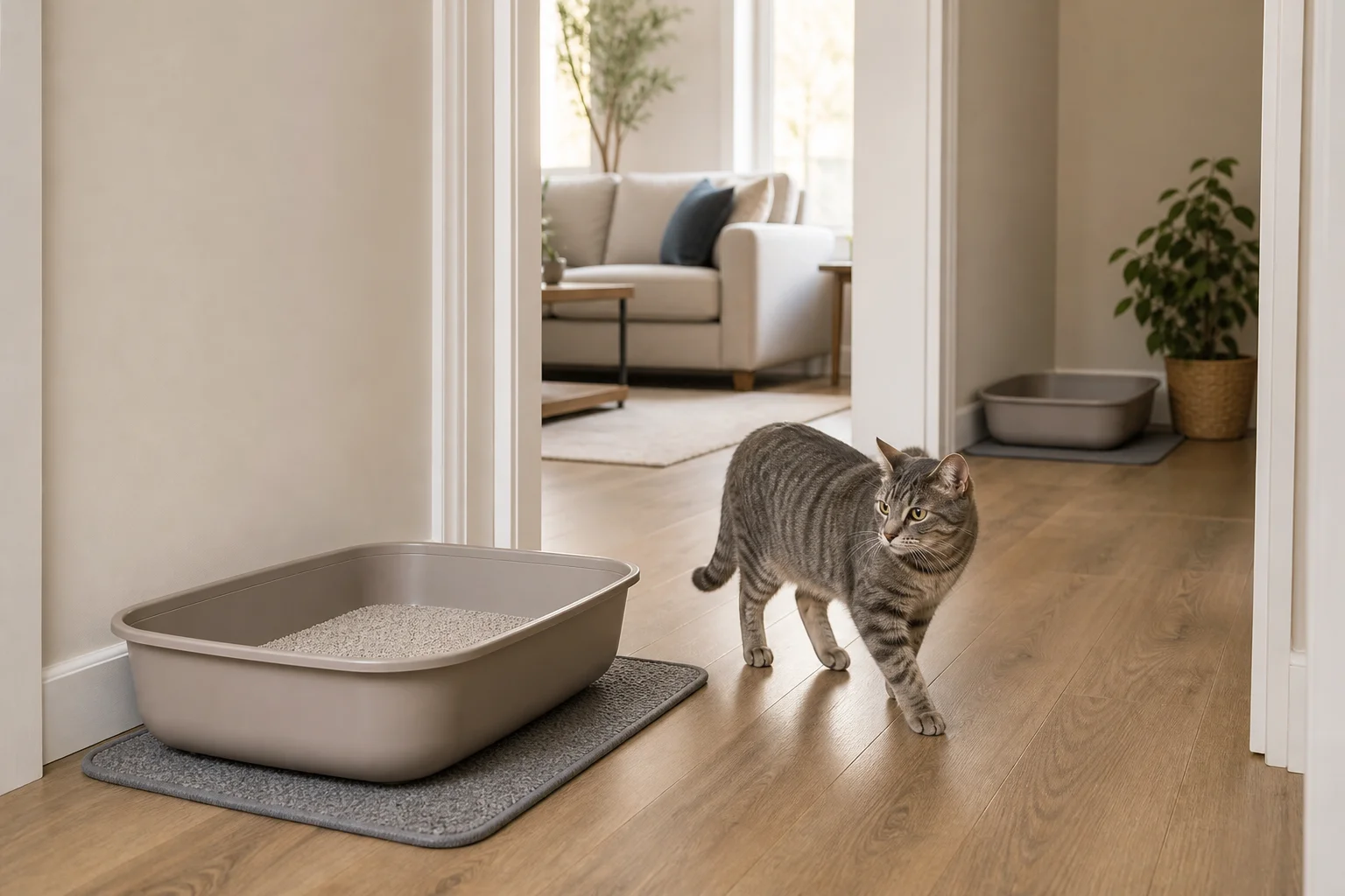 Two large open litter boxes in separate quiet locations in a home