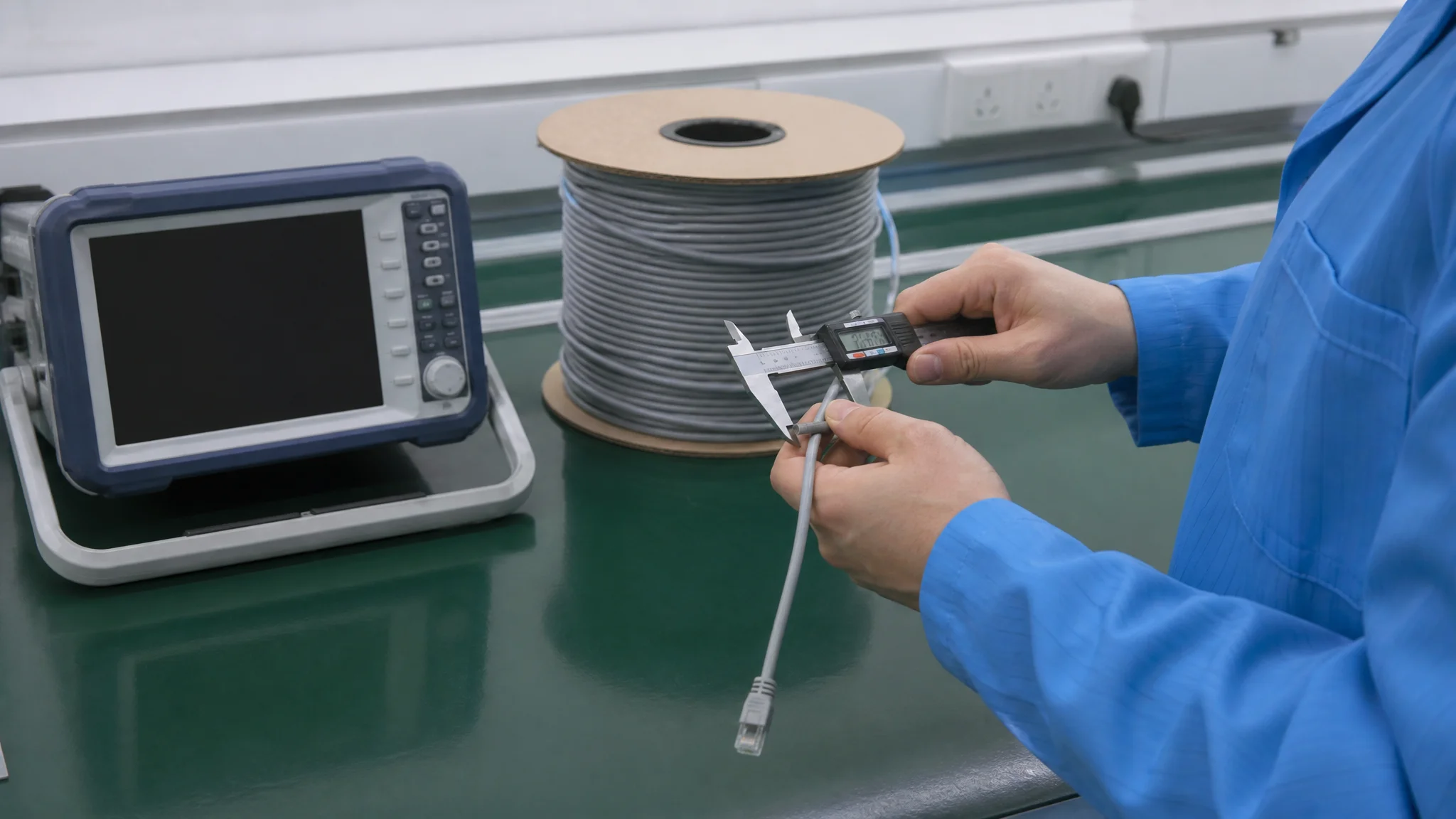Quality inspector measuring ethernet cable jacket diameter with a digital caliper