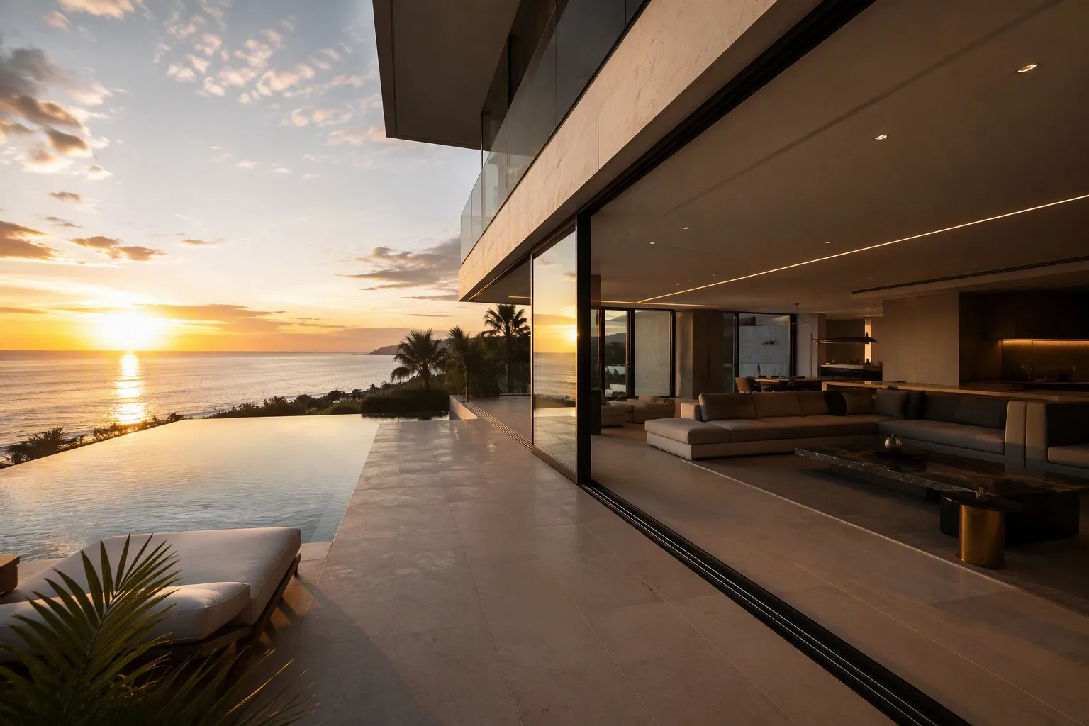Waterfront villa with floor-to-ceiling aluminum glass sliding windows infinity pool ocean sunset