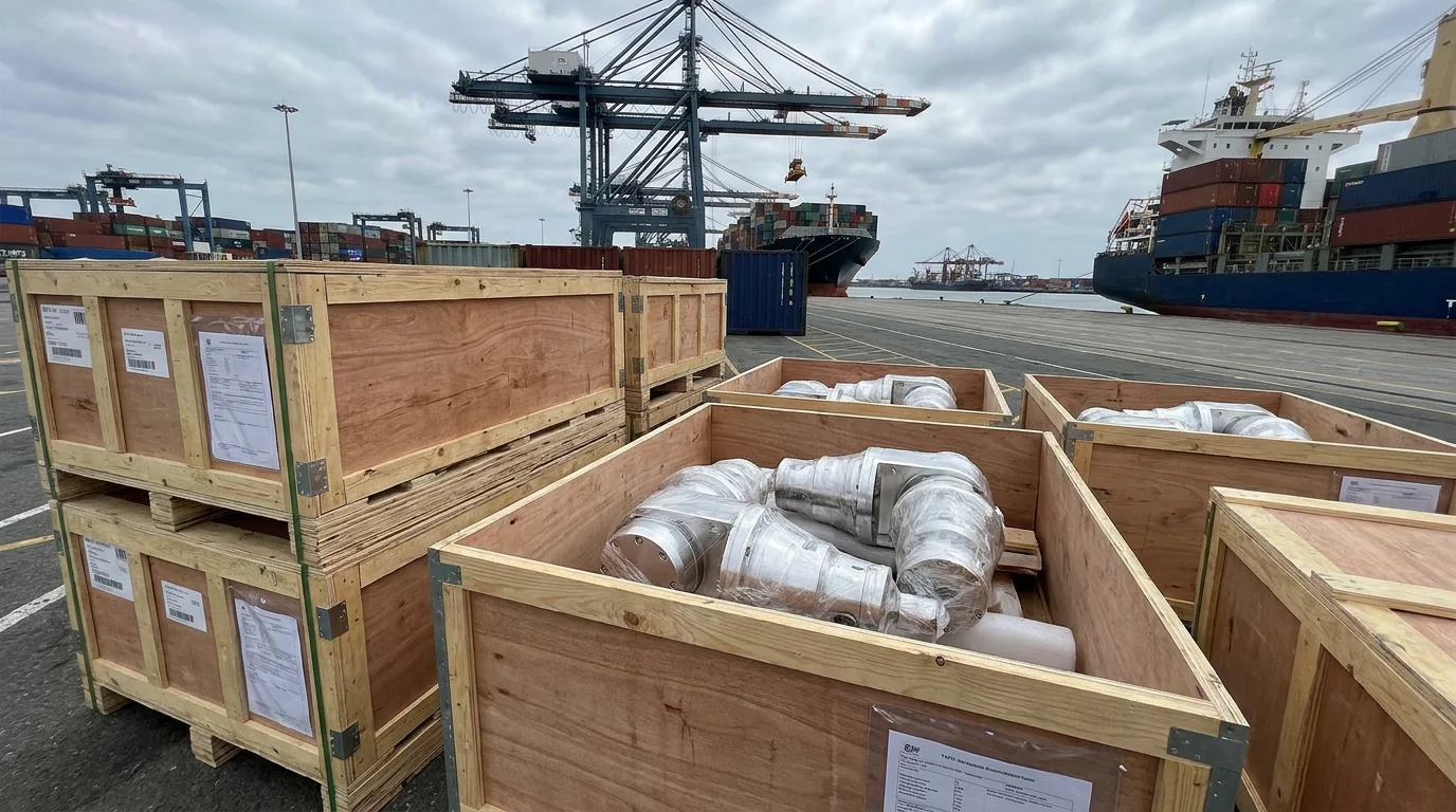 Silver robot joint modules packed in export crates with shipping labels at port container yard with cargo ships in background