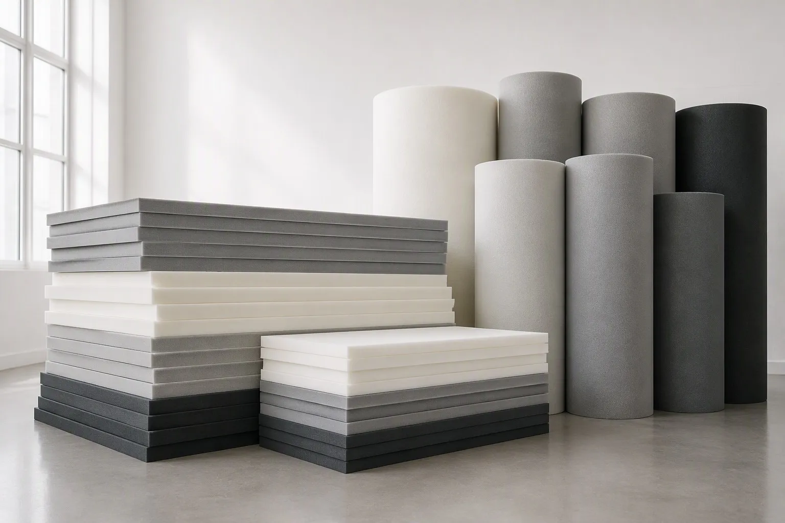 Stacked closed-cell EVA, PE and XPE foam sheets and rolls in a modern showroom