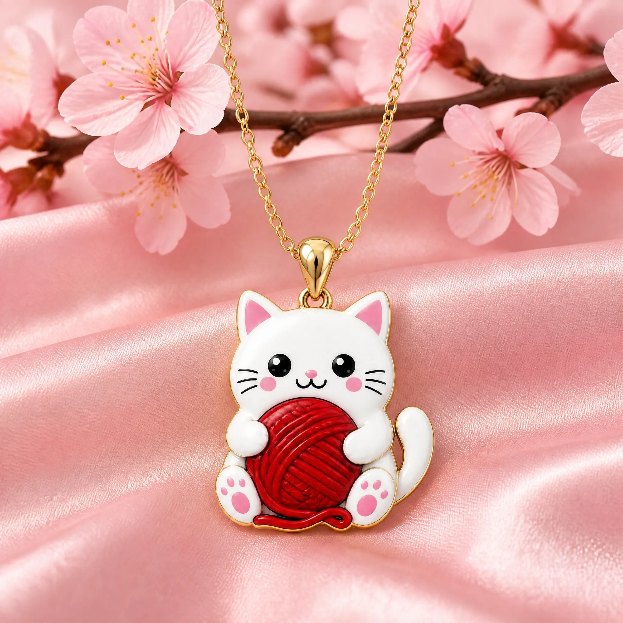 Cat pendant necklace styled on pink satin with cherry blossoms
