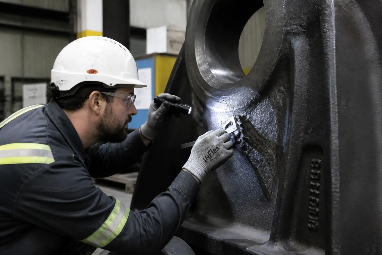 Foundry quality engineer inspecting large steel casting for surface defects