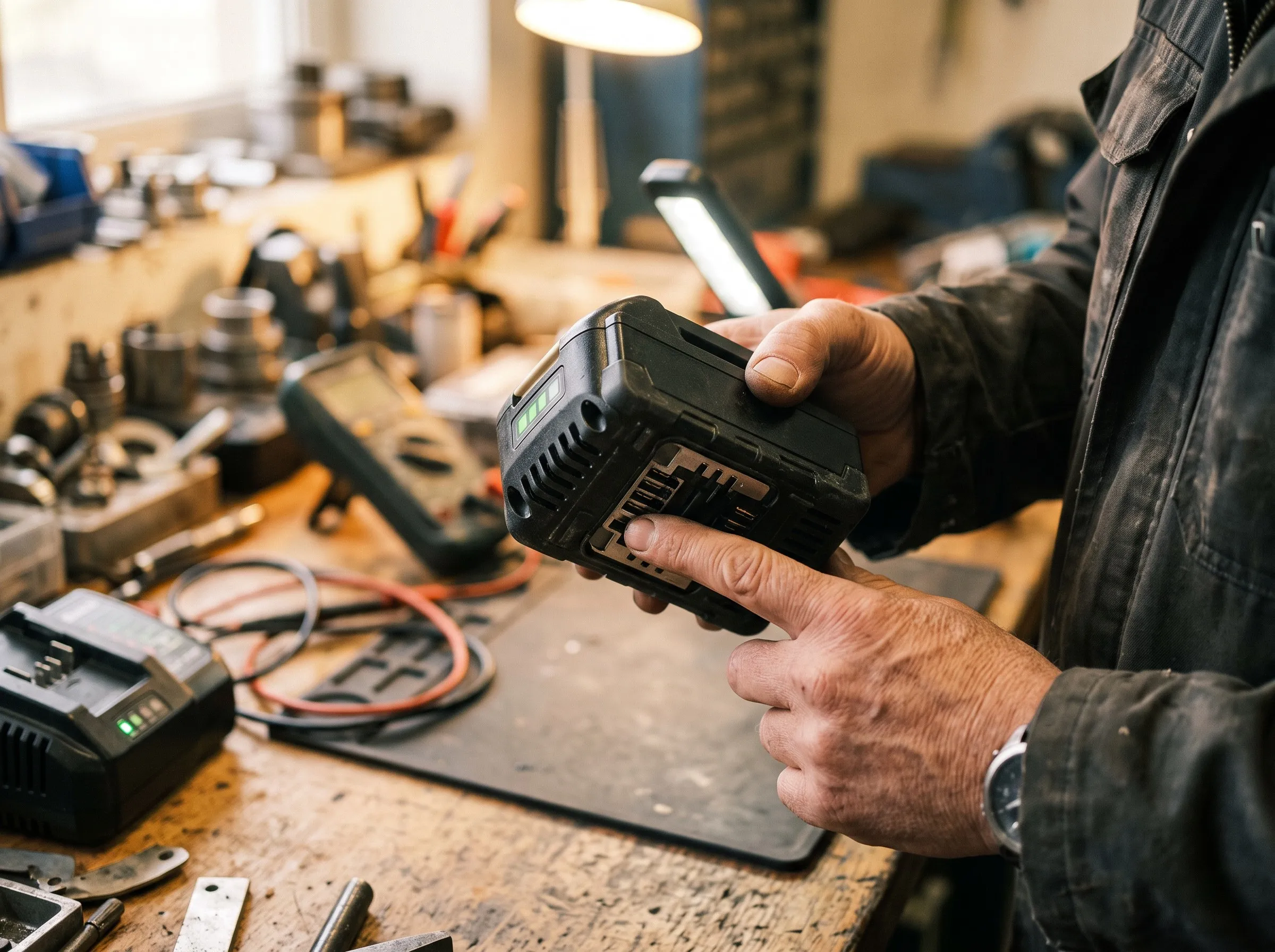 Inspecting a power tool battery pack serial number and label under work light