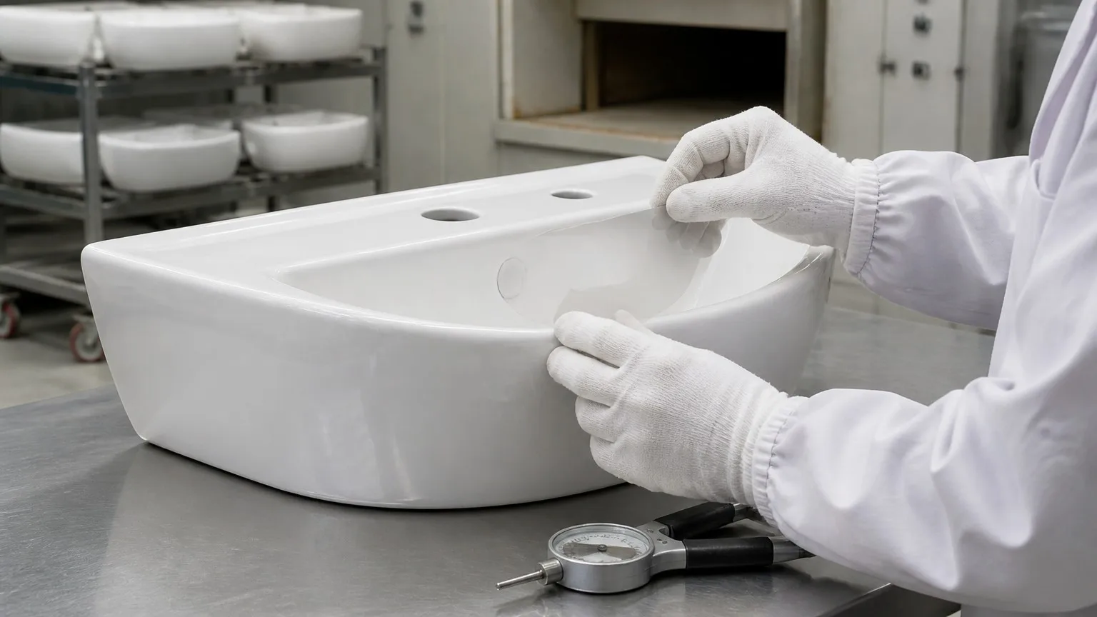 Underglaze logo decal application to a ceramic basin before firing