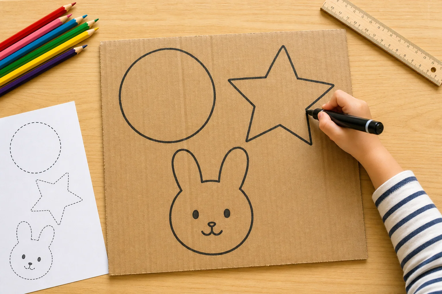 Child tracing large simple shapes on cardboard — circle, star, and bunny face outline