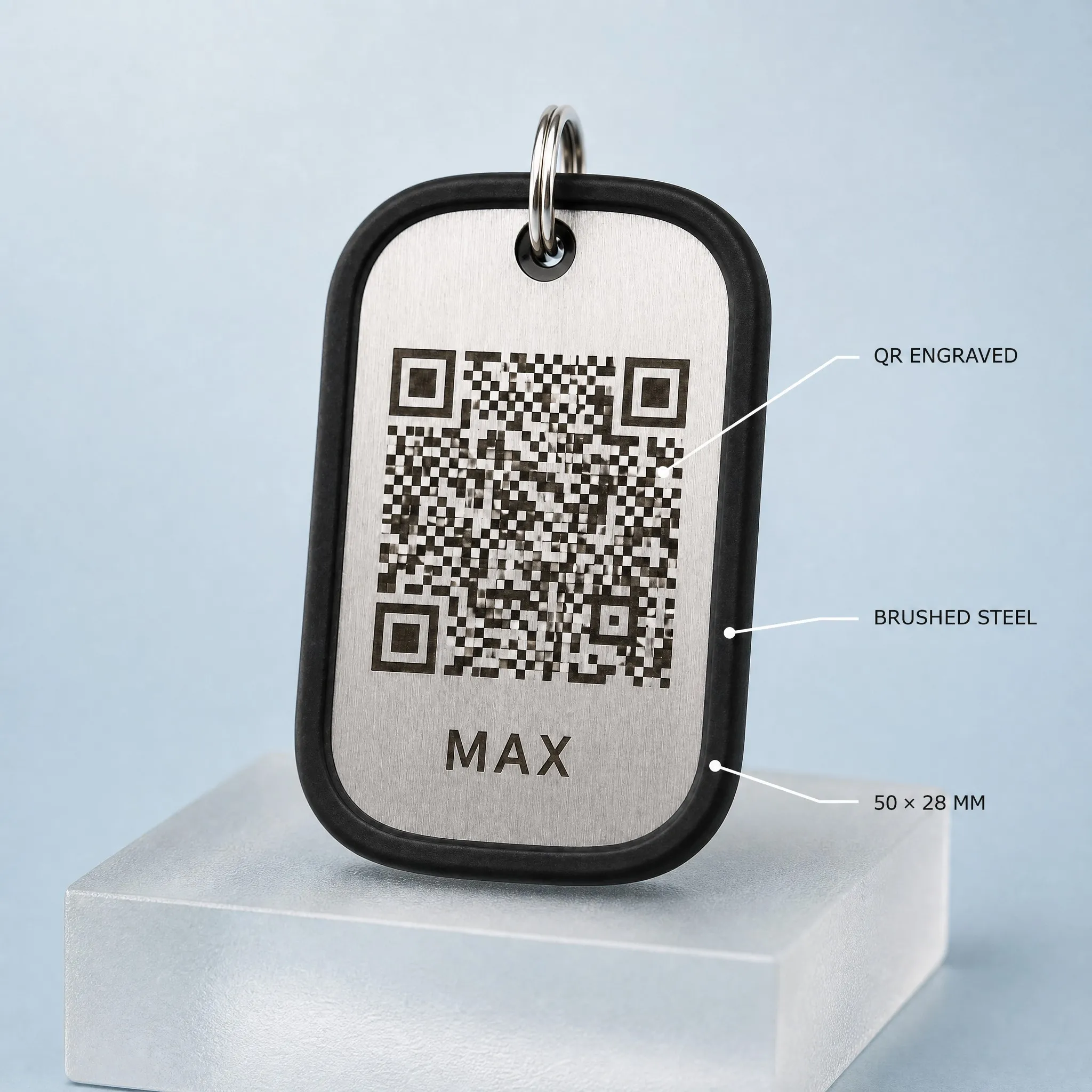 Macro detail of laser engraved QR code on brushed stainless steel
