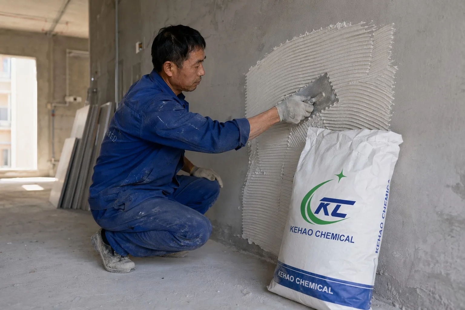 HPMC tile adhesive application notched trowel construction worker wall mortar workability