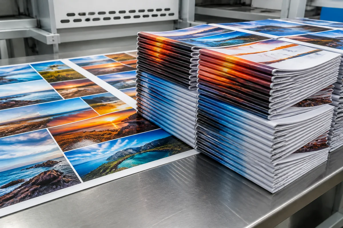 Magazine Printing Forms and Imposition Printed press sheet with a multi-page colour imposition beside folded magazines - magazine printing MOQ