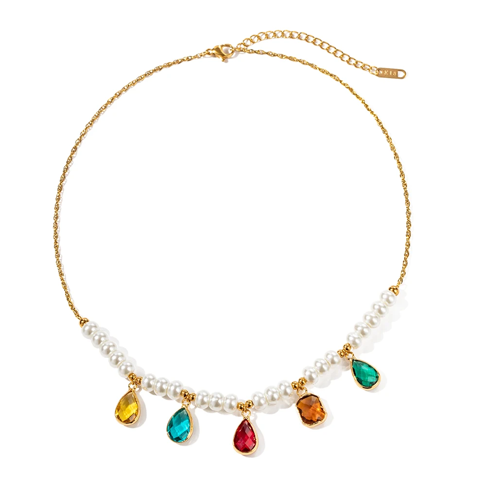

Ins Bohemian 18K Gold Plated Pearl Colorful Zirconia Beaded Tasells Pendant Necklace for Women