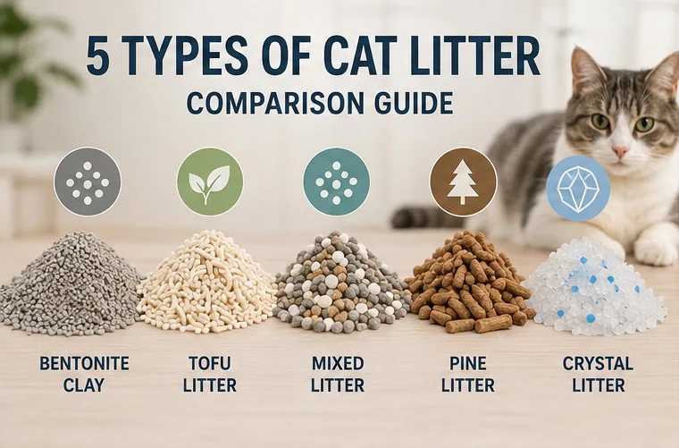 5 Types of Cat Litter Comparison Guide — Bentonite, Tofu, Mixed, Pine, Crystal varieties side by side