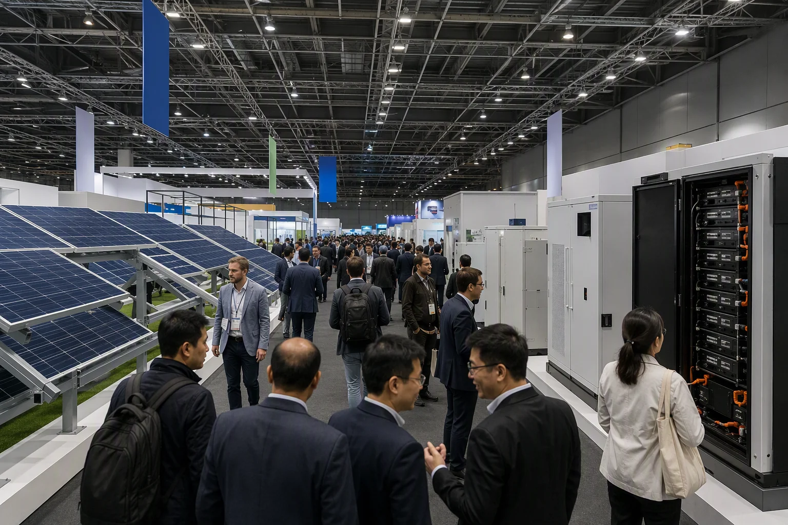 International solar and energy-storage exhibition hall filled with visitors, solar panels and battery storage cabinets