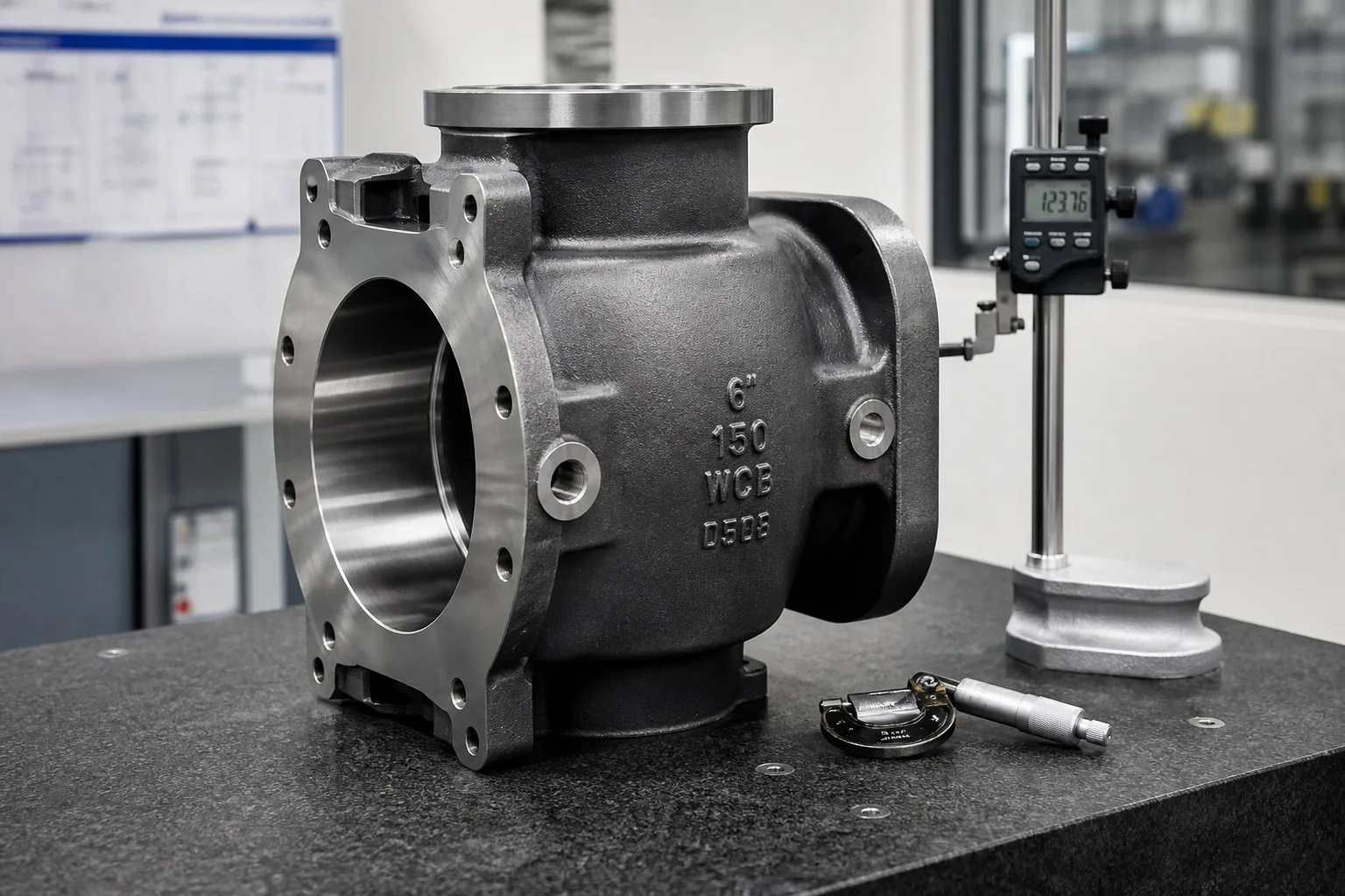 Finished valve body casting with machined flange sealing surfaces and polished bore